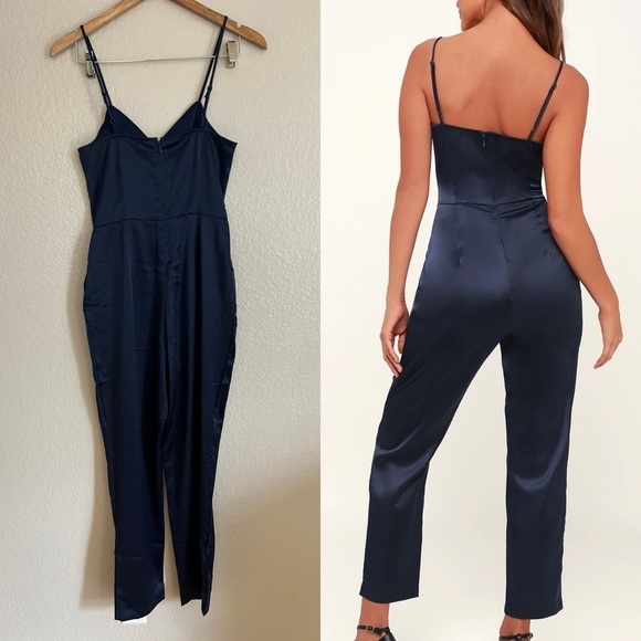 Navy Blue Satin Sleeveless Jumpsuit NWOT XS - Picture 3 of 7